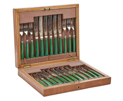 A set of twelve Edwardian jade green phenolic resin hafted EPNS dessert knives and forks, with silver ferrules, oak case  Pla