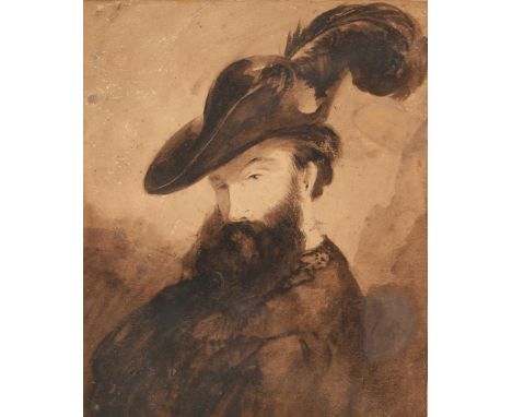 Manner of Rubens - Portrait of a Gentleman in a plumed hat,&nbsp;sepia wash, trompe-l'œil border, 31 x 25.5cm, gilt composite