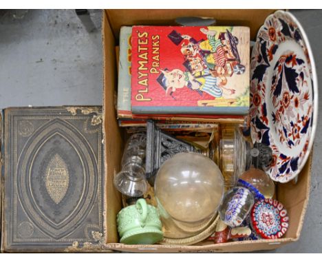 Miscellaneous items, including a Victorian oil lamp with cast iron base, Booths Dovedale dish, 35cm diam, a glass dome, 28 x 