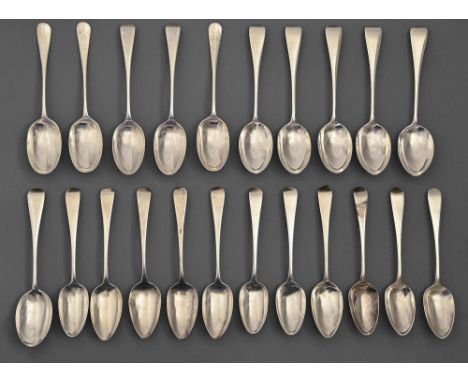 Twenty-two silver dessert spoons, George III – Edward VII, Hanoverian and Old English pattern, London and Sheffield, includin