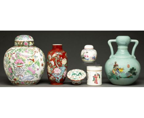 A Chinese red ground famille rose vase, 19th / 20th c,&nbsp;24cm h, Qianlong square mark, a two handled celadon ground vase, 