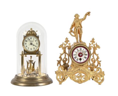 A French spelter gilt figural mantel clock, late 19th c, with enamel dial, 32cm h and a later H Samuel brass anniversary cloc