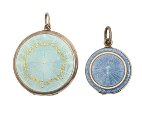 Two Continental silver and guilloche enamel lockets, early 20th c, the smaller double sided, 21 and 30mm diam, 15.4g  Enamel 