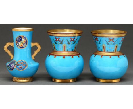 A pair of Minton aesthetic bone china vases,&nbsp;attributed to Dr Christopher Dresser, c1870, enamelled with stylised flower