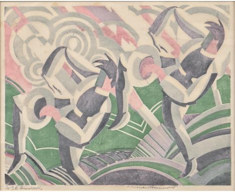 Leonard Beaumont (1891-1986) - To Hell with Tin Hats, linocut, signed by the artist in pencil and dedicated "To J B Harmswort