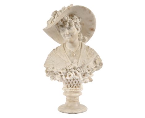 Italian School, late 19th c - Bust of a Smiling Young Woman in floral Bonnet,&nbsp;alabaster on turned alabaster socle, 58cm 