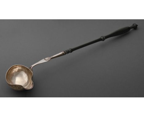 A Continental silver ladle, with engraved bowl and finely turned ebonised wood handle, 42cm l, maker's mark Eitzen and 12, en