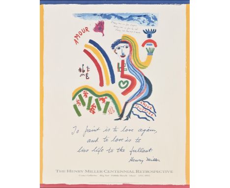 Exhibition poster. Henry Miller Centennial Retrospective 1992, lithograph in colour, 74.5 x 59.5cm  Apparently good condition