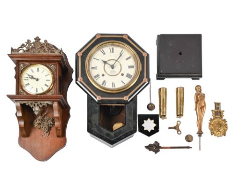 A brass mounted Belgian slate mantel clock, with silvered dial, 31cm h, a Victorian black painted brass mounted drop case wal