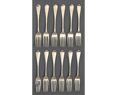 Six George III and IV silver dessert forks and a set of six Victorian silver dessert forks,&nbsp;all Old English pattern, all