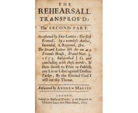 Marvell (Andrew) The Rehearsall Transpros'd: The Second Part, first edition, with initial licence-to-print leaf, lacking fina