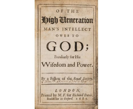 [Boyle (Robert)] Of the High Veneration Man's Intellect owes to God, manuscript authorial attribution in ink to title, light 