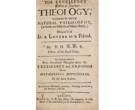 Boyle (Robert) The Excellency of Theology, compar'd with Natural Philosophy, first edition, part 1 only (of 2), 5-line errata