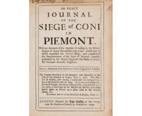 Siege of Cuneo.- [Rinaldo (Giovanni)] An Exact Journal of the Siege of Coni in Piemont, first edition, half-title, some soili