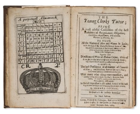 Cocker (Edward) The Young Clerk's Tutor; being a most useful Collection ..., third edition, engraved frontispiece, 4 engraved