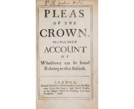 Law.- [Hale (Sir Matthew)] Pleas of the Crown, first edition, first issue without Hale's name on title, initial Imprimatur le