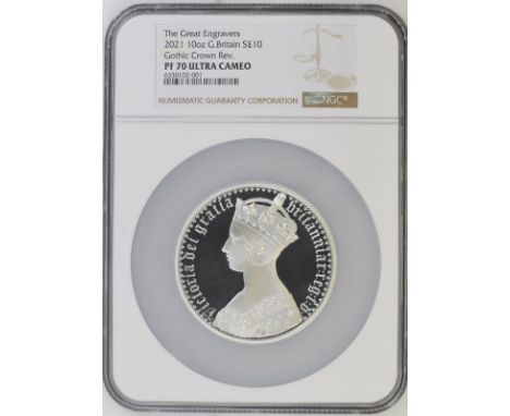 UNITED KINGDOM. Elizabeth II, 1952-. Silver 10 pounds, 2021. Royal Mint. Proof. The Great Engravers seriesA re-interpretation