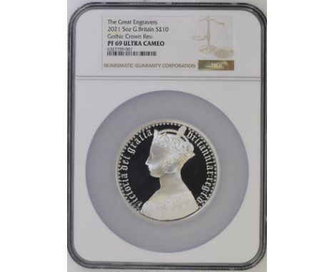 UNITED KINGDOM. Elizabeth II, 1952-. Silver 10 pounds, 2021. Royal Mint. Proof. The Great Engravers seriesA re-interpretation