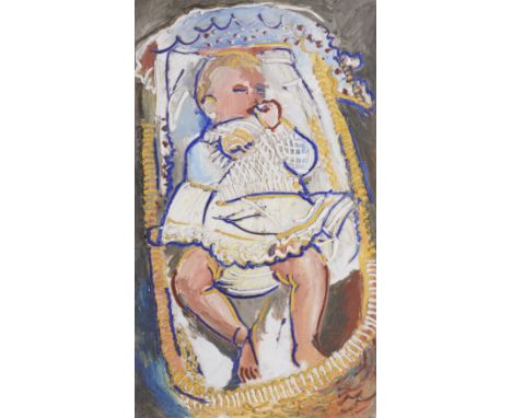 FRED YATES (BRITISH, 1922-2008)Baby in a cot oil on board 76 x 45.5cm (unframed)  Provenance The Estate of the Artist