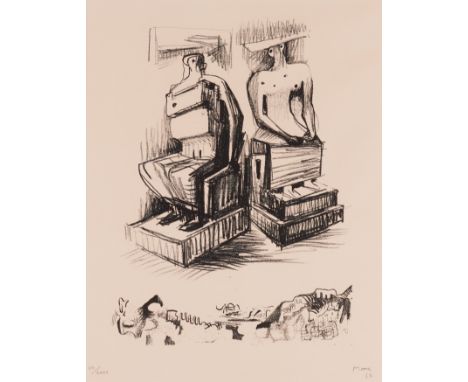 HENRY MOORE (BRITISH, 1898-1986)Two Seated Figures in Stone (1963) signed, dated and numbered in pencil 'Moore 63. VII/XXXV' 