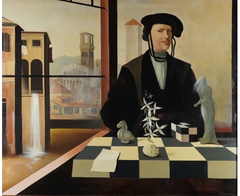 STUART MCALPINE MILLER (BRITISH, B. 1964)Man and Chessboard signed 'Stuart Miller' (lower right) oil on canvas 100 x 120cm AR