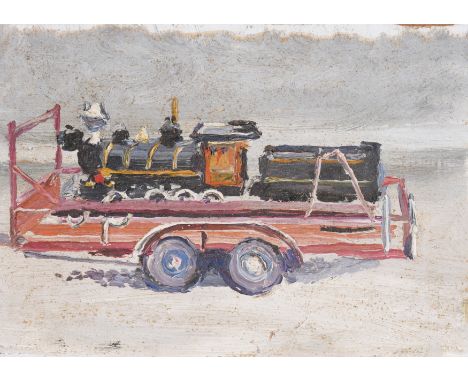 FRED YATES (BRITISH, 1922-2008)Steam engine and trailer oil on board 22.5 x 31cm with an oil of a harbour scene (verso) (unfr
