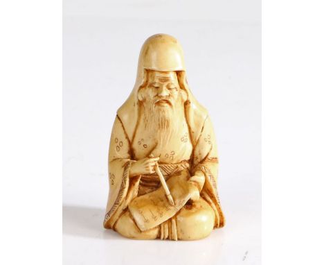 Japanese ivory netsuke, Meiji period, carved as a seated scholar, signed to the underside of the base, 5.7cm high