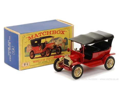 Matchbox Models of Yesteryear Y1 1911 Ford Model T Car - red body and chassis, black smooth hood, black seats and grille, red