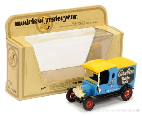 Matchbox Models of Yesteryear Y12 1912 Ford Model T Van "Cerebos" - mid-blue body, glossy black chassis, yellow roof, chrome 