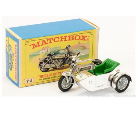 Matchbox Models of Yesteryear Y8 1914 Sunbeam Motorcycle and Milford Sidecar - chrome plated body with cast shut front forks,