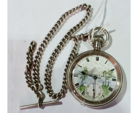 Early 20th century silver open faced pocket watch with painted enamel dial depicting lake scene and the silver curb link patt