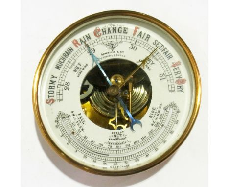 Early 20th century brass cased aneroid barometer, enamel handpainted dial, marked Benetfink & Co, Cheapside, London, 17cm dia