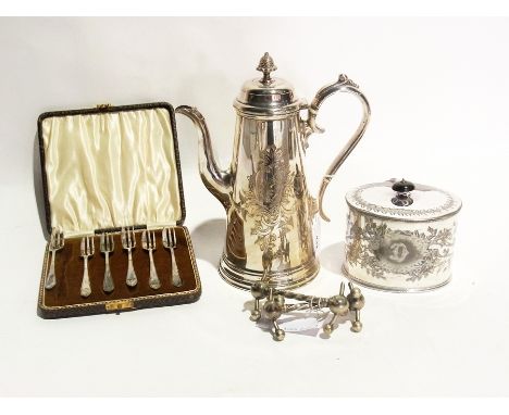 EPNS coffee pot, tapered and engraved, 19th century oval tea caddy, straight sided and engraved, set of six cake forks and a 