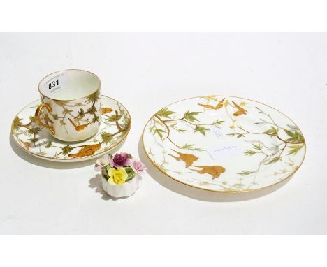 Victorian porcelain tea service, white ground, painted gilt birds among branches and three various flower encrusted items