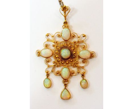 Gold, filigree and opal pendant (possibly 18ct), circular opal surrounded by four oval stones, two oval and one teardrop with