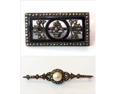 Marcasite and black enamel brooch, pearl and marcasite brooch and purple stone and seedpearl brooch (3) 