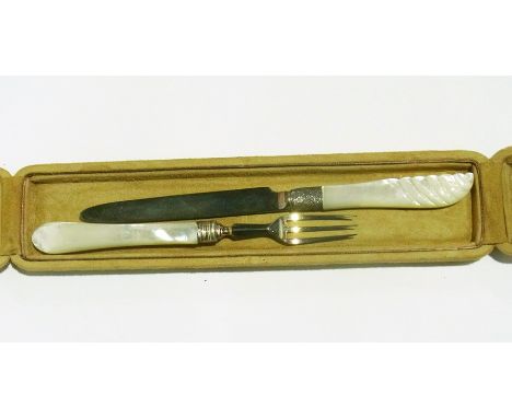 A Victorian matched silver knife and fork with mother-of-pearl handles 
