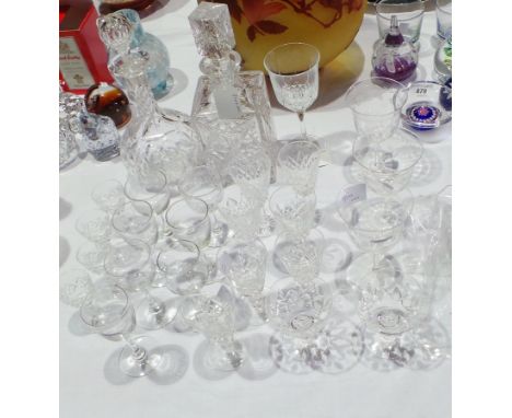 A cut glass decanter of baluster shape, a square cut glass decanter, various sherrys, wines etc (26)