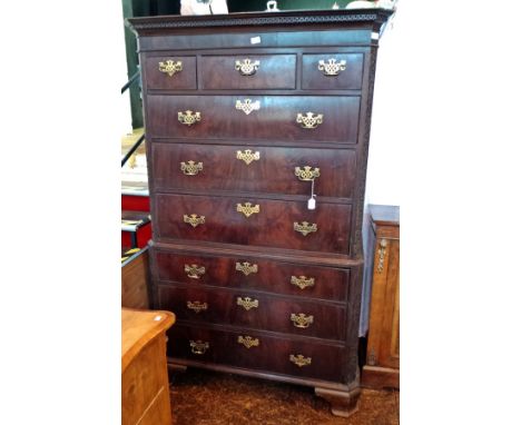 George III mahogany tallboy, the pediment with Greek key detailing over three short and three long drawers to three drawer ba