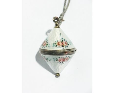 Continental silver and enamel locket style pendant, rounded double-cone shaped, white enamel ground, decorated with sprays of