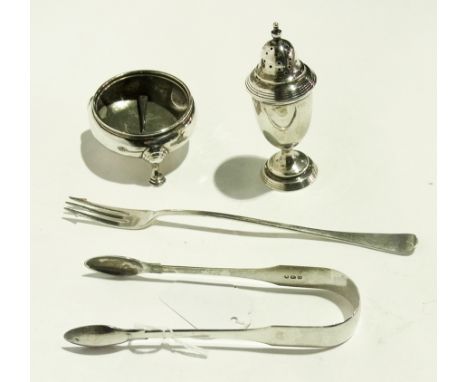 Early 20th century silver pepperette, Georgian silver salt of similar design (lacking liner), pair silver sugar nips, pickle 