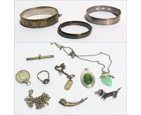 Silver belt-pattern bangle, another gold leaf decorated, child's silver bangle (af), diamante and enamel dachshund brooch and