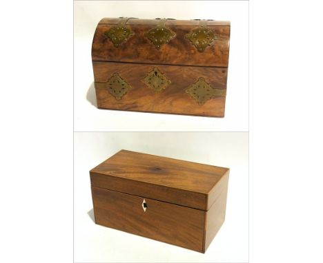 Mahogany converted tea caddy  with inlaid ebony and boxwood stringing, Victorian dome topped  casket with brass mounts (2) 