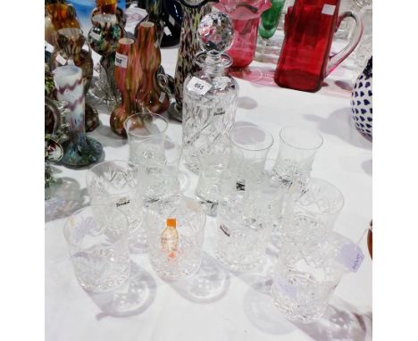 Cut glass decanter 'Georgian', Royal Doulton Crystal with six matching whisky tumblers and five engraved whisky glasses by Bl