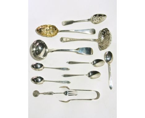 William IV silver berry spoon, London 1835, similar teaspoon, London 1819, similar sifter spoon, London 1877, further sauce l
