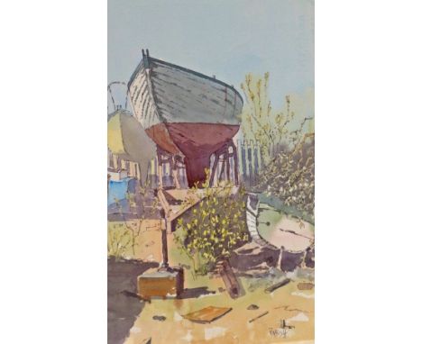 R W Bruff
Three pictures, one of which depicting a boatyard, estuary with boats in and a coastal view 