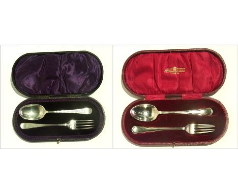 A Victorian silver christening spoon and fork set, London 1896 (cased) together with another, Sheffield 1927 