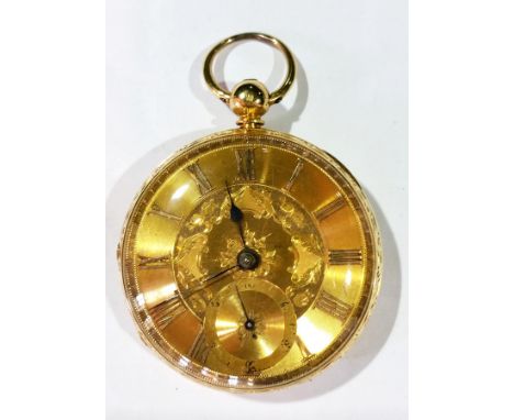 Gent's 18ct gold pocket watch, open faced with engine-turned hand engraved dial, subsidiary seconds dial, key winding, in eng