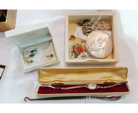 Lady's Garrard's silver watch, compact, quantity silver jewellery including brooches, jade set jewellery and a silver-handled