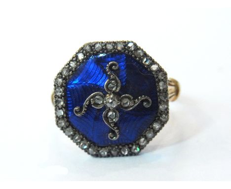 Georgian gold, blue enamel and diamond dress ring, octagonal, the blue enamel top set with old cut diamonds in scrolls and ha